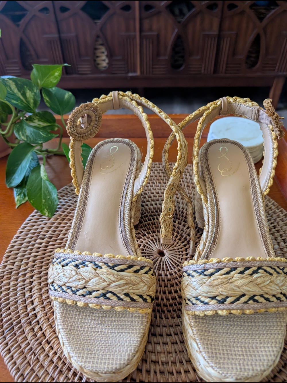 Sam Edelman Braided Straw Wedge Sandals - Natural Tan